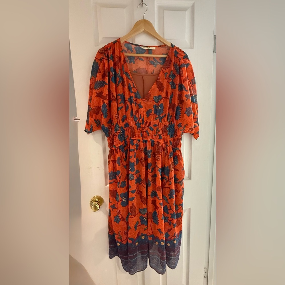 eShakti Orange and Blue Floral Midi Dress